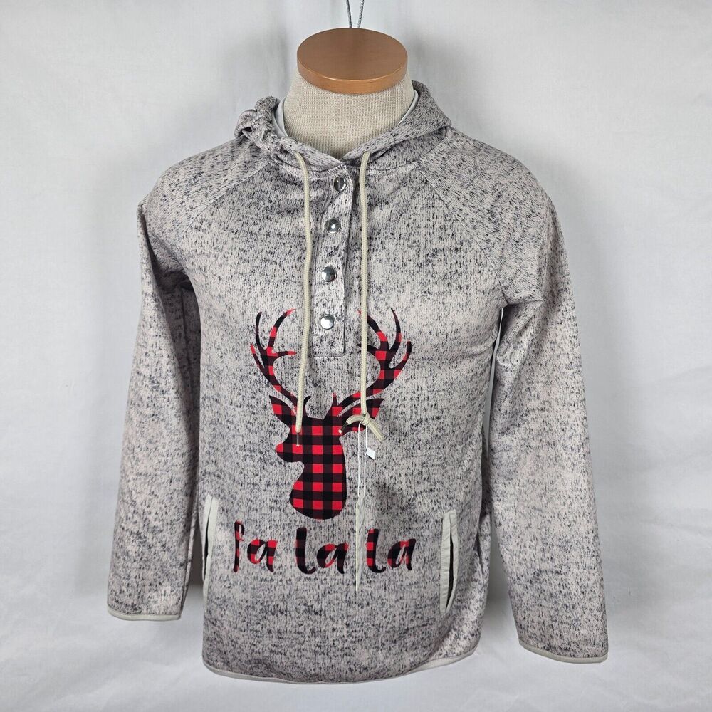 Suvimuga Hoodie Adult S Gray Check Graphic Deer Print 1/3 Snap Drawstrings NWT